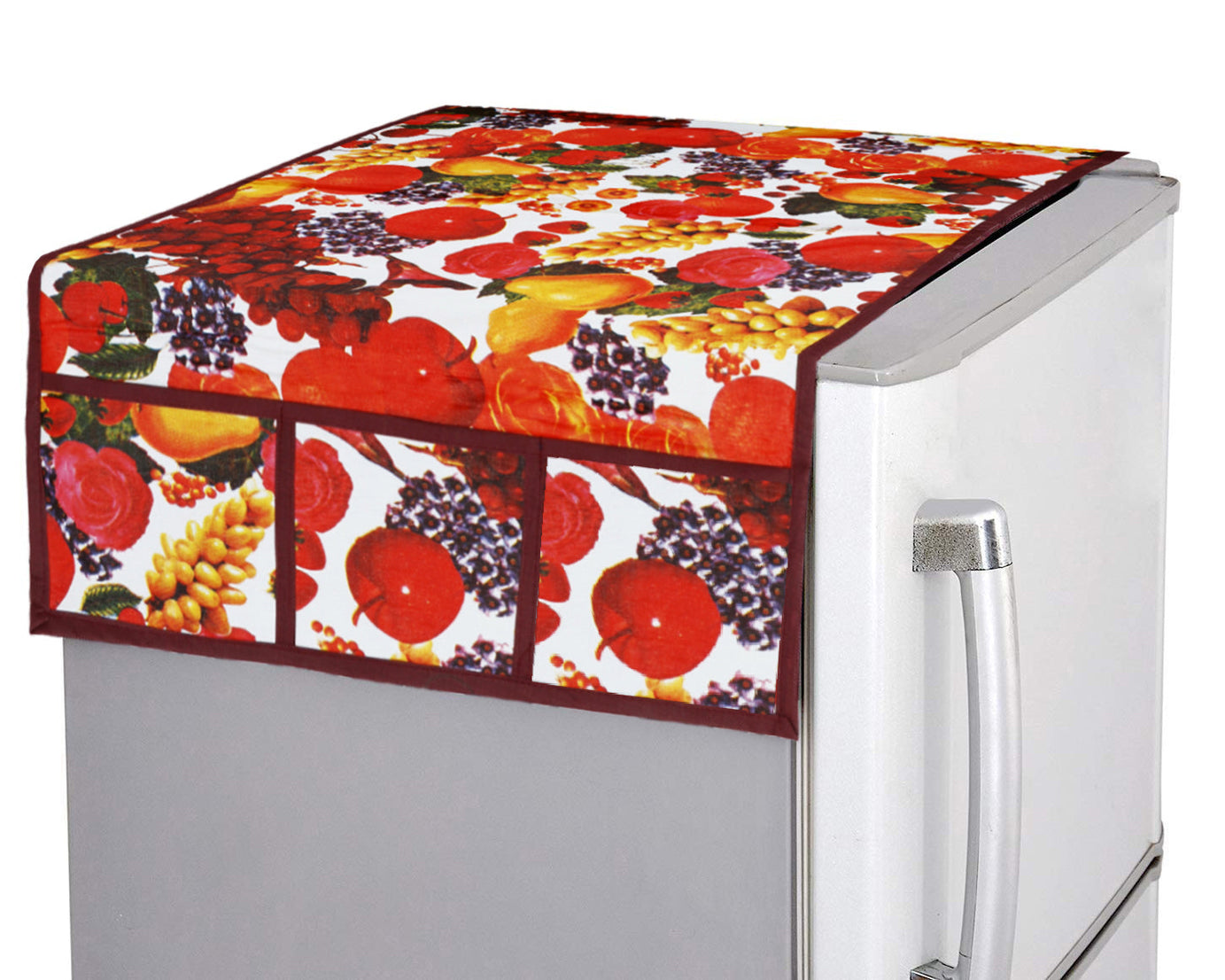 Decorative PVC fridge top cover with a fruit design in white and maroon.