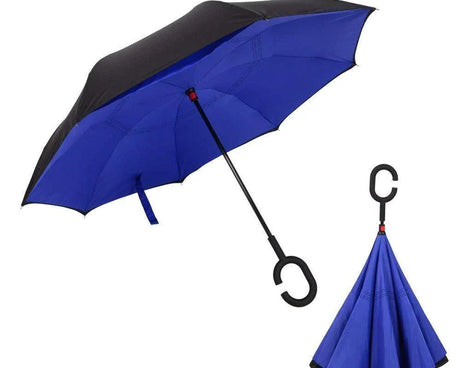 Plain design reverse umbrella with a windproof structure and C-shaped handle.