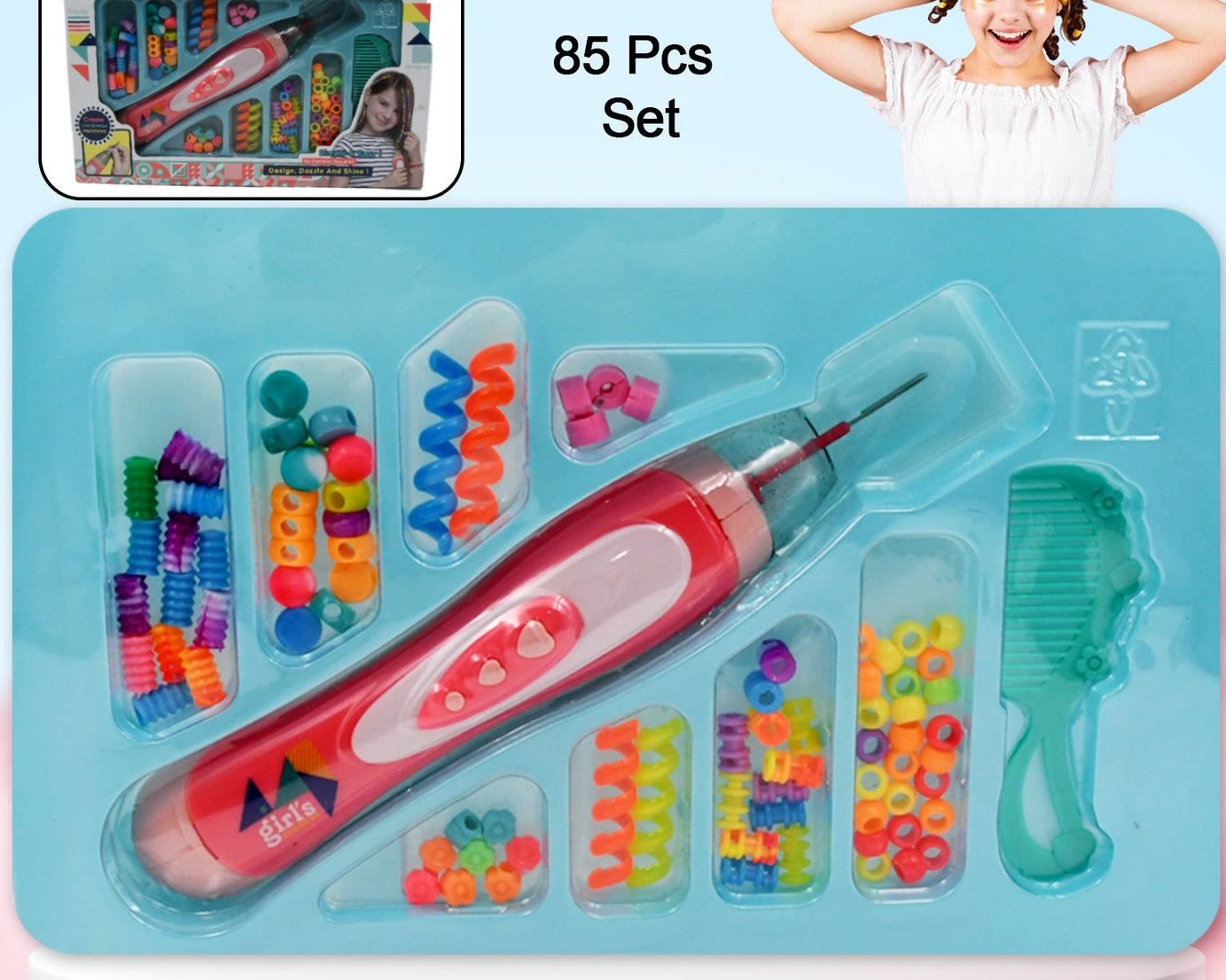 Hair Styling Clasp Clips Twisting Stringing Beads Kit for Girls, Portable Hair Braider Machine,Hairstyle Braid Kit DIY Hair Styling Tool with Comb, Rubber, Button Beads and Beads (85 Pcs Set)
