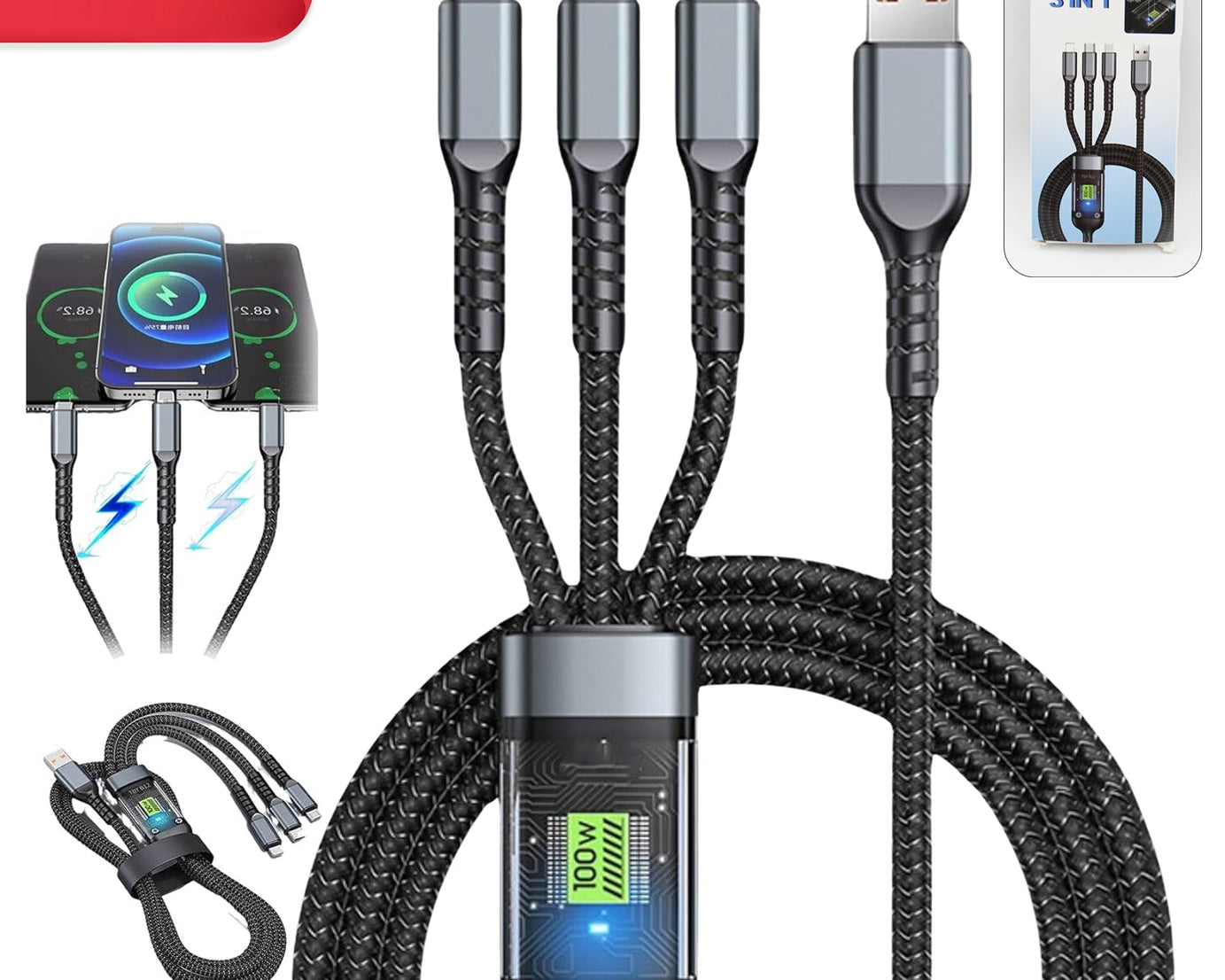 3-in-1 Super Fast Charging Cable 100w, Multifunctional Convenient Super Fast Charging Cable Nylon Braided Cord, 3-in-1 Silicone Zinc Alloy 3 Head Charging Cable