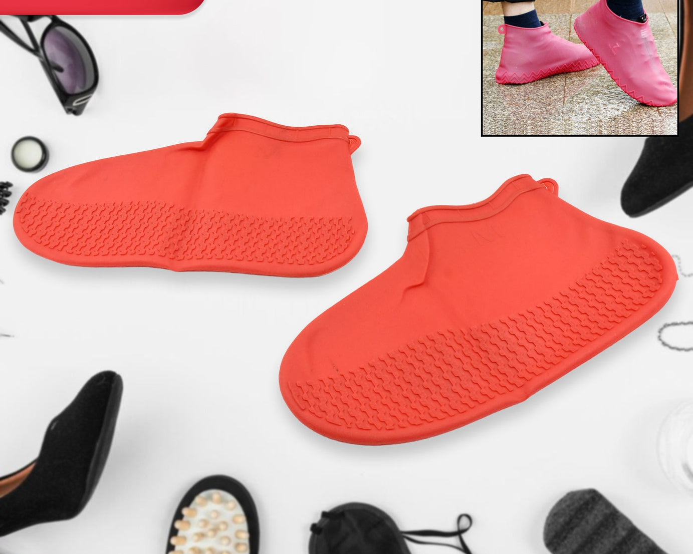 Non-Slip Silicone Rain Reusable Anti skid Waterproof Fordable Boot Shoe Cover (Medium Size / 1 Pair / Red)