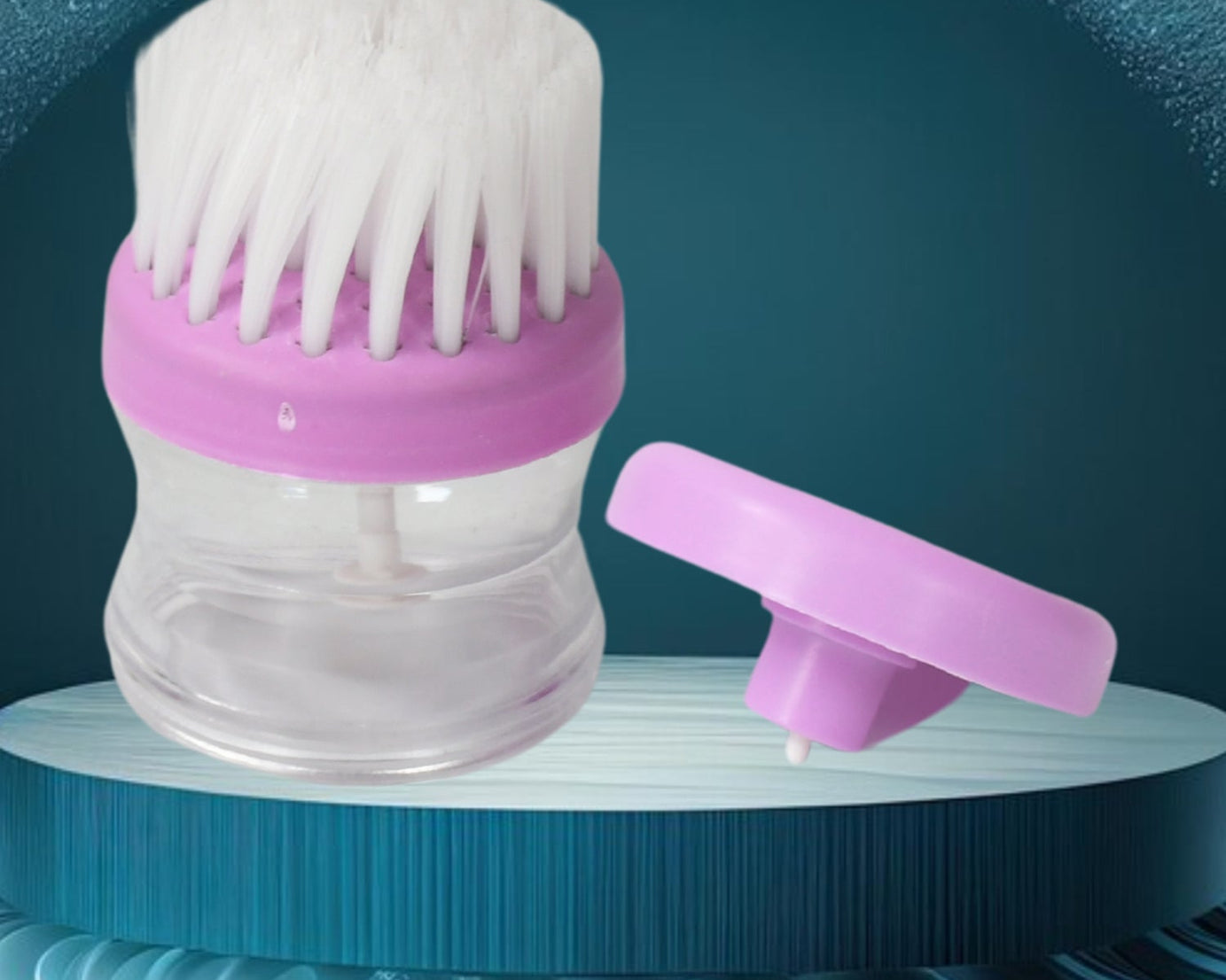 Multicolour plastic wash basin brush cleaner with liquid soap dispenser.